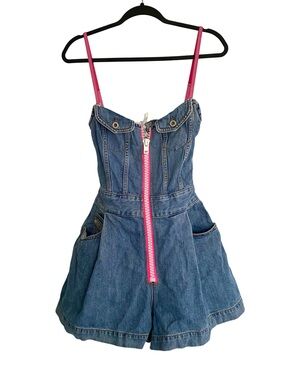 Vintage Diesel Denim Romper Playsuit Y2K Open Back Neon Pink Zipper Festival S